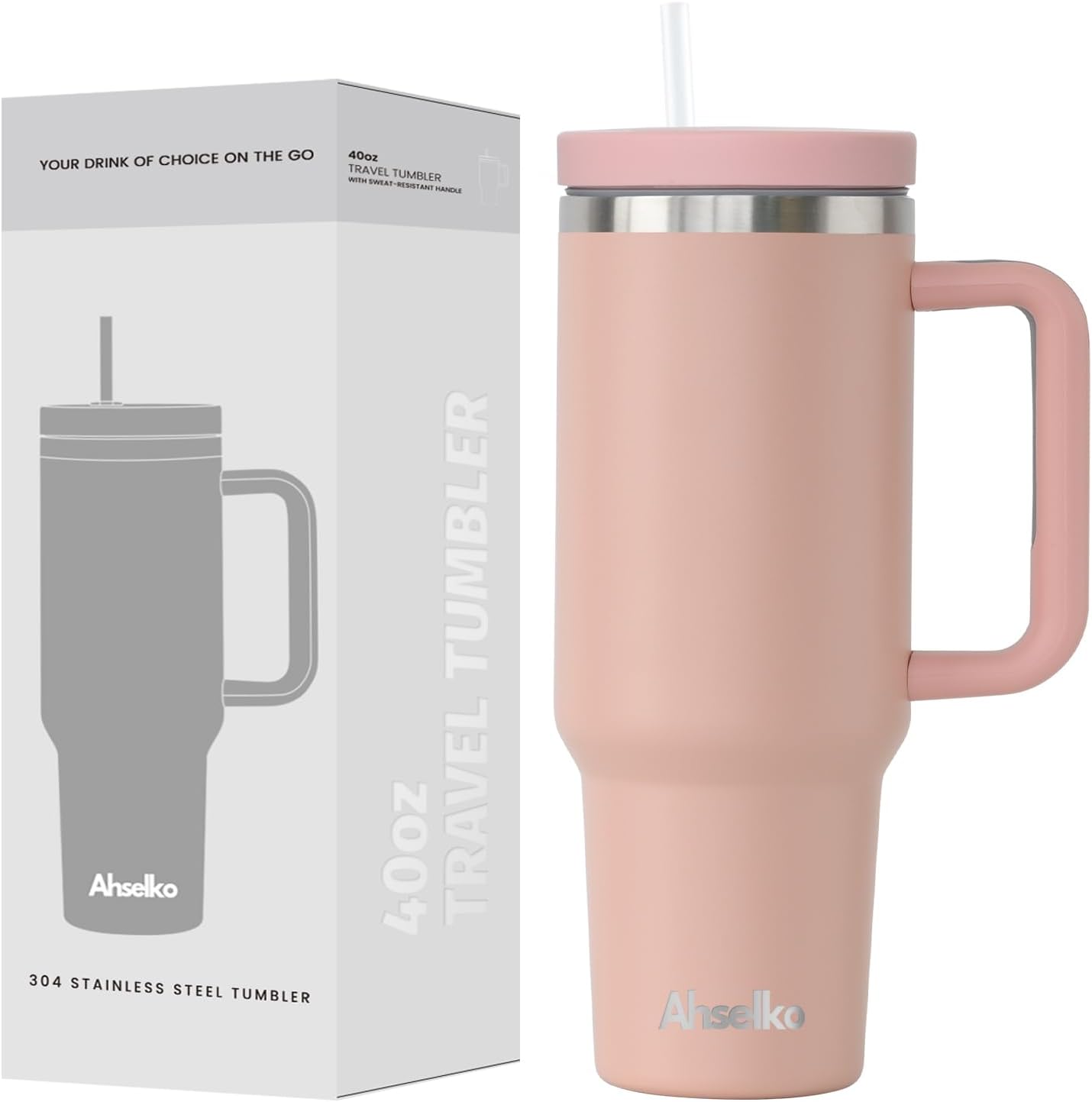 Refresh – Vaso de 40 onzas con asa y tapa con popote para agua, café o té helado, batido y más, botella de agua de acero inoxidable aislada al