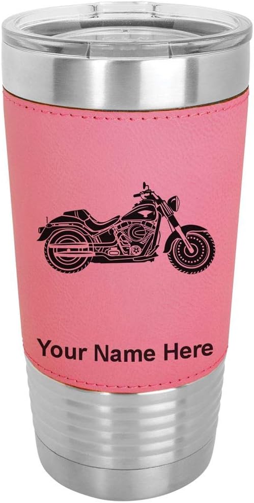 LaserGram Vaso aislado al vacío de 20 onzas, motocicleta, grabado personalizado incluido (piel sintética, rosa)