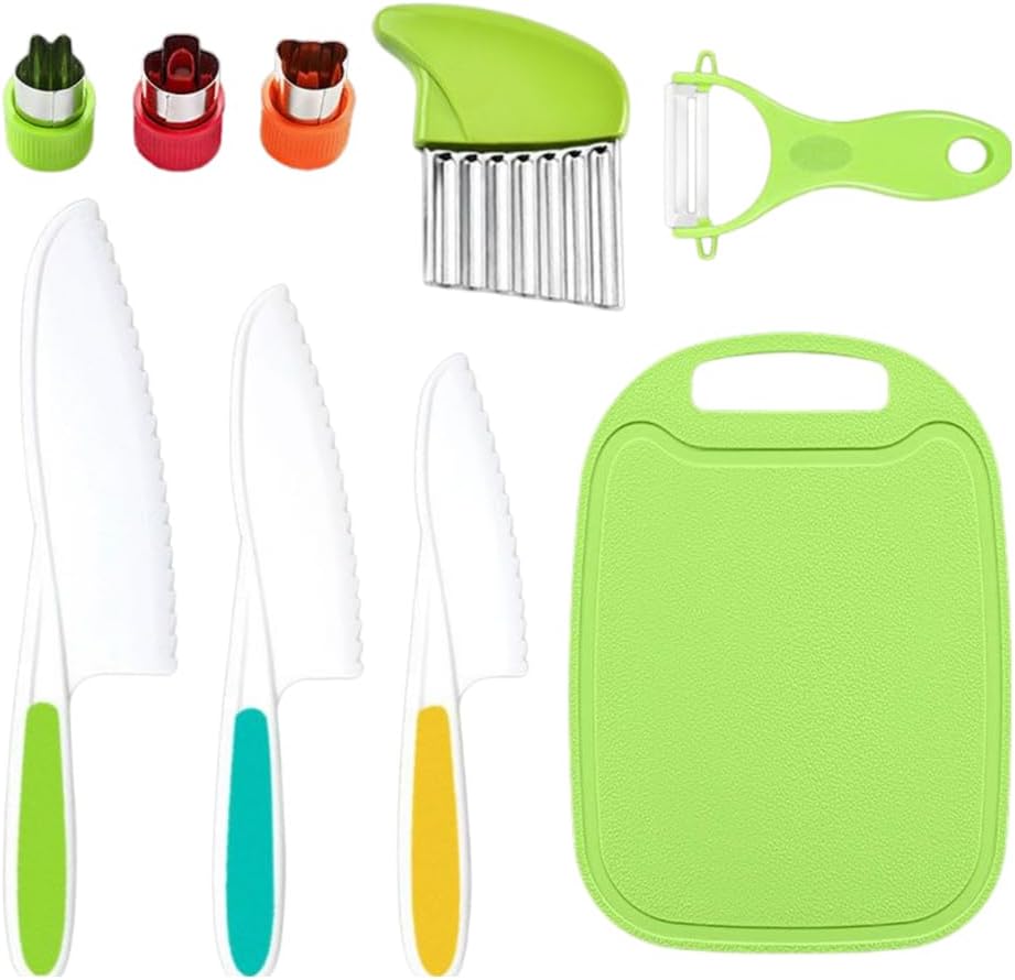 Tellshun Juego de cuchillos de cocina para niños de 9 piezas, cuchillos para cocina real con tabla de cortar y pelador, cortador de sándwich, bordes