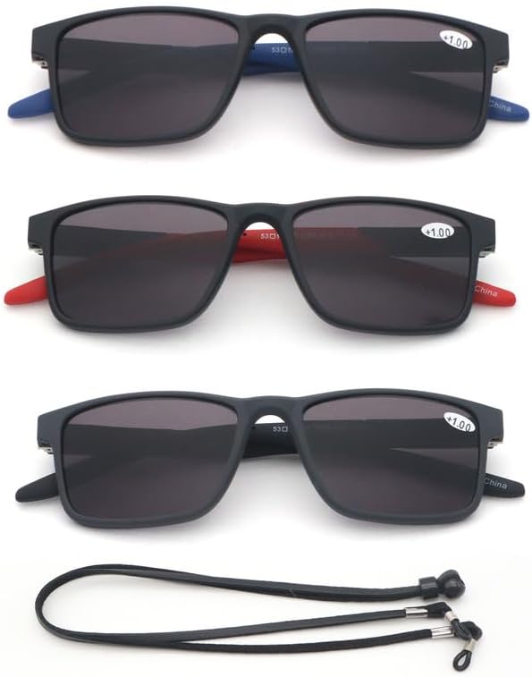 Paquete de 3 lentes de lectura, gafas de sol deportivas con marco cuadrado para lectura al aire libre para mujeres y hombres, +1.50, no bifocales