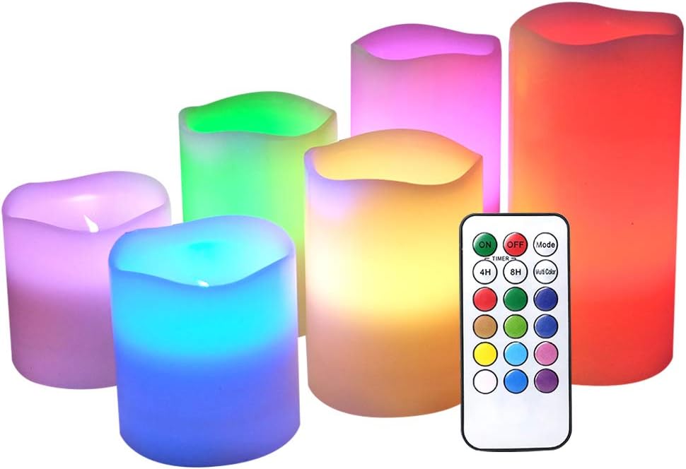 DRomance Velas parpadeantes sin llama que cambian de color con temporizador remoto de 18 teclas, juego de 6 velas LED de cera real que funcionan con