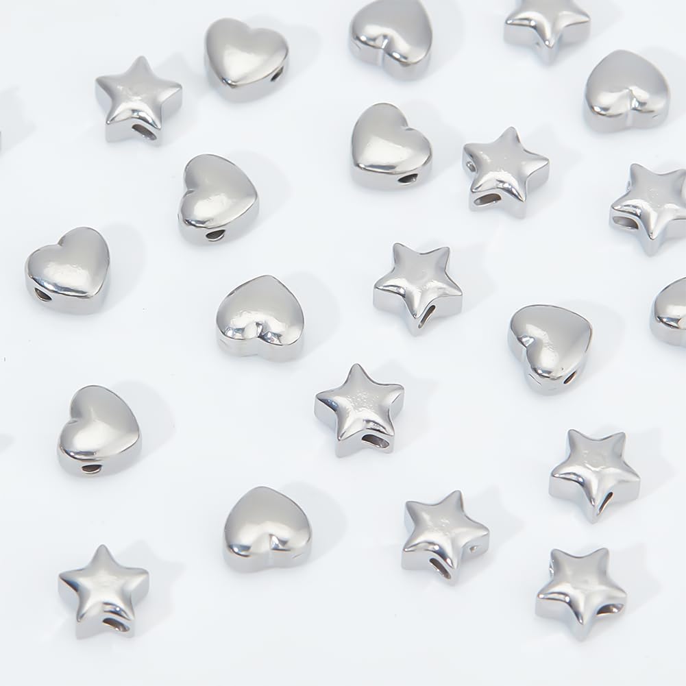 UNICRAFTALE Juego de 24 cuentas espaciadoras de 2 estilos de 0.069 pulgadas de acero inoxidable 304, cuentas de metal con forma de estrella, cuentas
