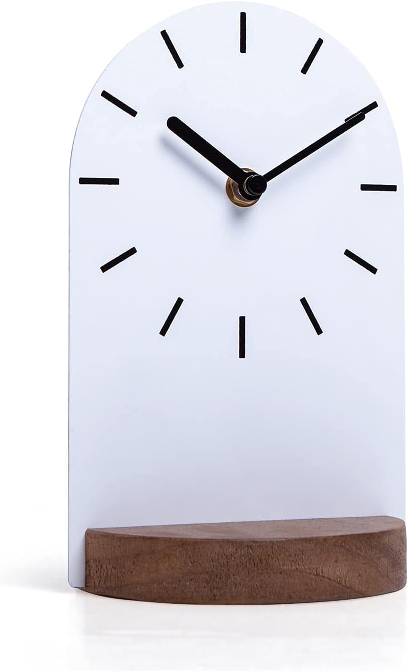 SOFFEE DESIGN Reloj de mesa de una pieza con hoja de hierro con base de madera, reloj de escritorio sin tictac funciona con pilas para sala de