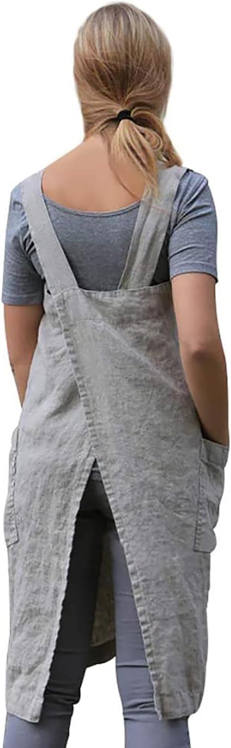 Delantal Pinafore con espalda cruzada con bolsillos, delantal de lino y algodón, talla grande