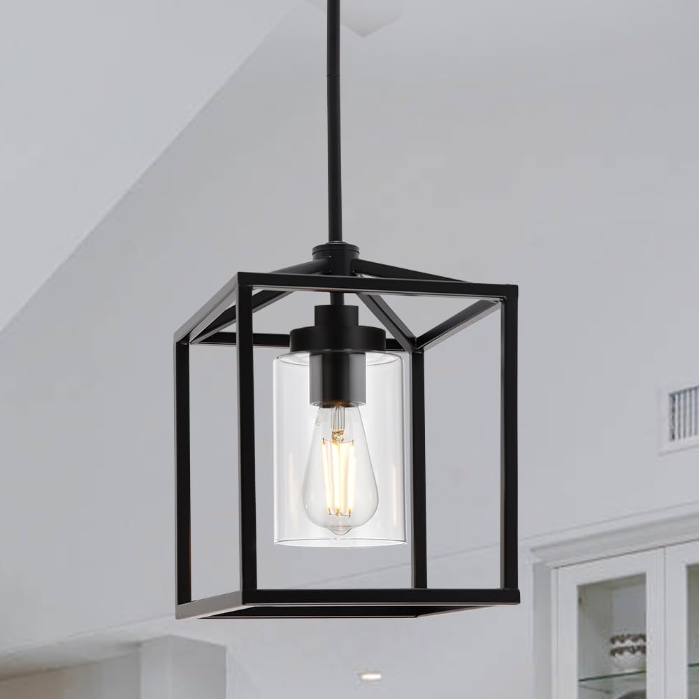 Lámpara colgante de 1 luz, iluminación colgante negra para isla de cocina con pantalla de vidrio transparente, lámpara colgante de granja de montaje