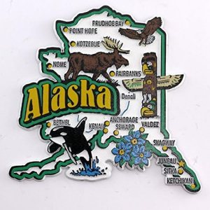 Imán de recuerdo coleccionable de mapa y lugares de interés del estado de Alaska FMC Imán de recuerdo coleccionable de mapa y lugares de interés del estado de Alaska FMC