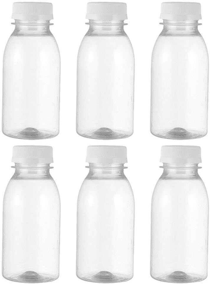 Kichvoe Botellas de leche vacías botellas de jugo con tapas blancas para exprimir, 6 unidades de 3.4 fl oz, botellas vacías transparentes