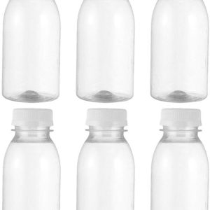 Kichvoe Botellas de leche vacías botellas de jugo con tapas blancas para exprimir, 6 unidades de 3.4 fl oz, botellas vacías transparentes Kichvoe Botellas de leche vacías botellas de jugo con tapas blancas para exprimir, 6 unidades de 3.4 fl oz, botellas vacías transparentes