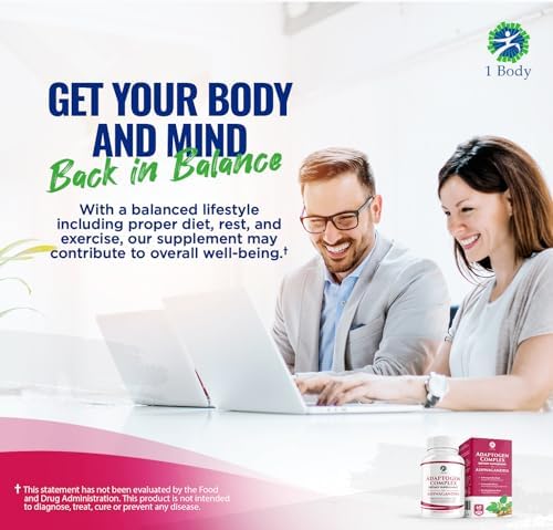 1 Body Suplemento complejo Ashwagandha – Fórmula adaptógeno – Suplemento de enfoque y apoyo energético para hombres y mujeres – 180 cápsulas veganas