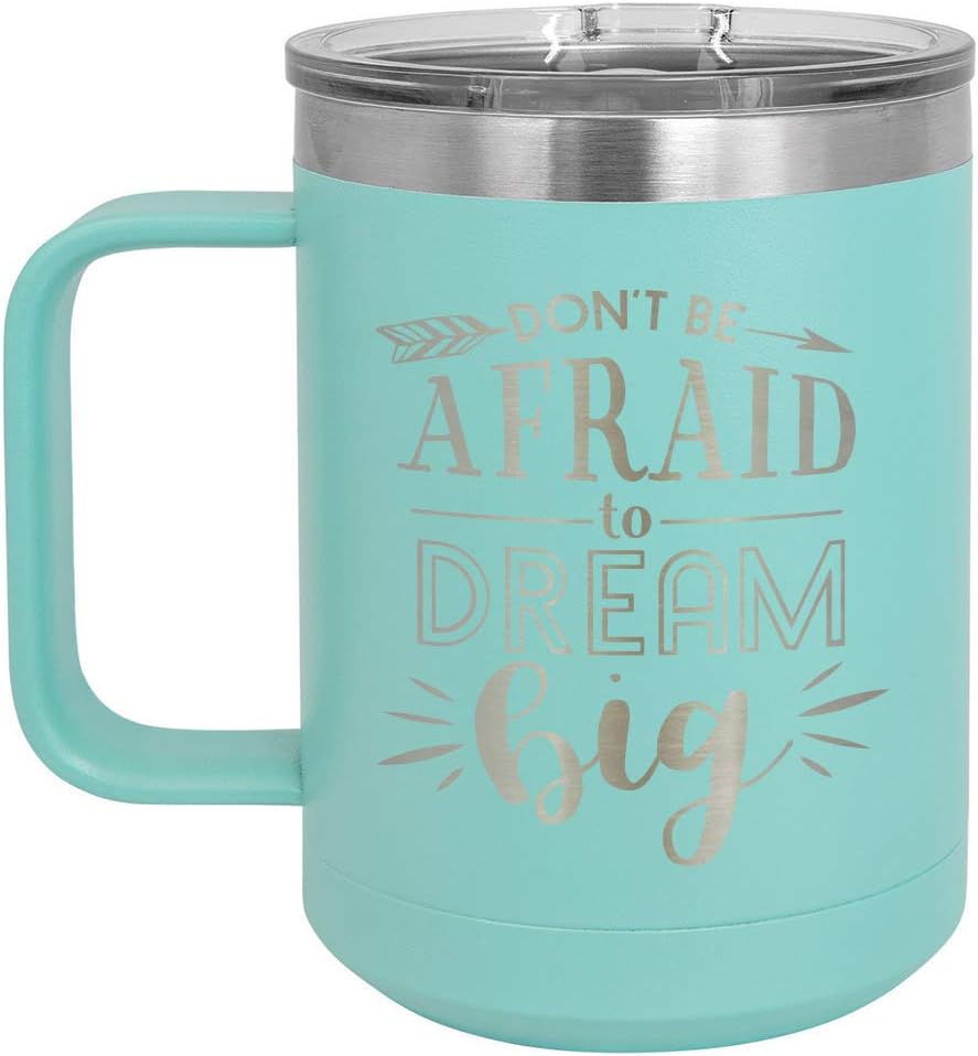 ONLYGIFTS.COM – Taza de café con tapa deslizante (13.0fl oz), diseño con texto “DOB’T BE AFRAID TO DREAM BIG”, Verde azulado