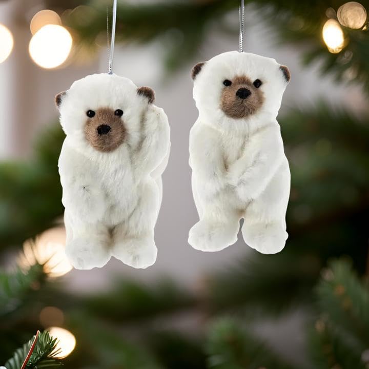 The Bridge Collection Adornos de oso polar, juego de 2, adornos de oso polar peludo para decoración navideña, adornos de árbol de Navidad de