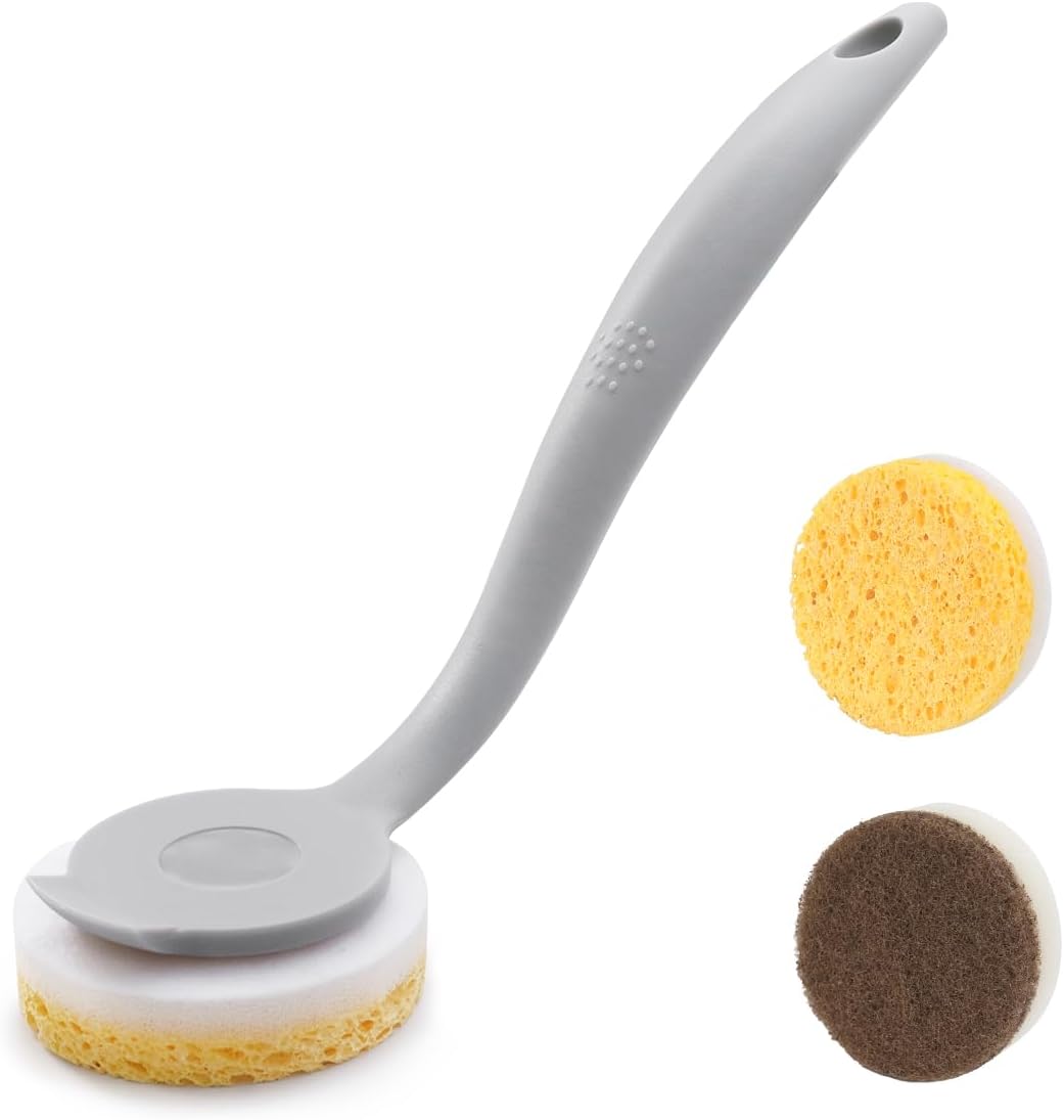 DrDirt Esponja de cocina con asa, 2 esponjas redondas de pulpa de madera y 1 esponja de limpieza redonda para fregar, antiarañazos, uso multiusos