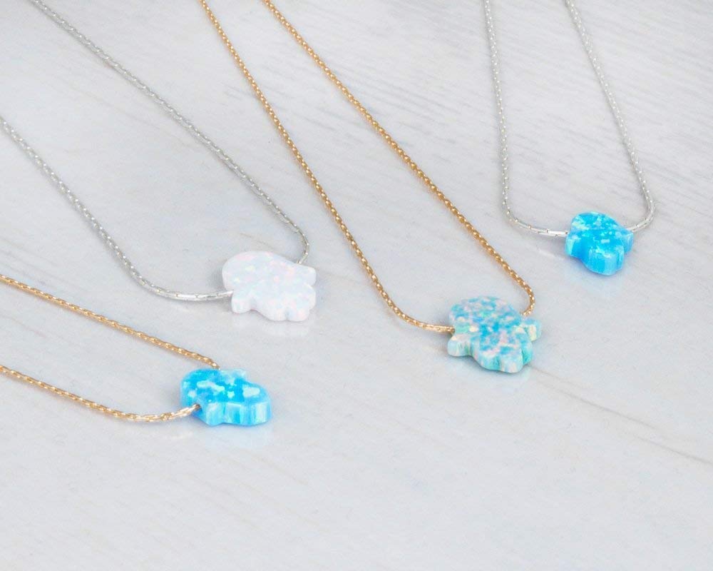 Blue Opal Hamsa on a Sterling Silver Choker Necklace- Handmade Protection Hand Charm Collar – 13.5 + 3 inch extending (royal blue, sterling-silver)