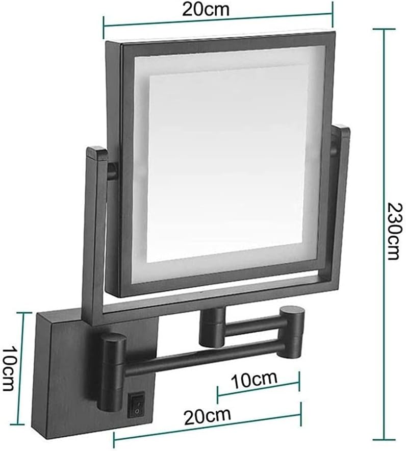 Espejo de maquillaje montado en la pared con luces y aumento 3X, espejo de tocador cuadrados de doble cara de 8 pulgadas con brazo extensible,