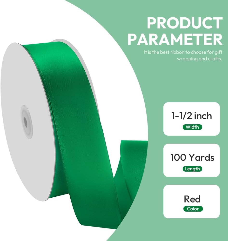 Quhora Cinta de satén de 1-12 pulgadas x 100 yardas, cinta ancha verde seda con carrete, ideal para envolver regalos, ramos florales, manualidades,