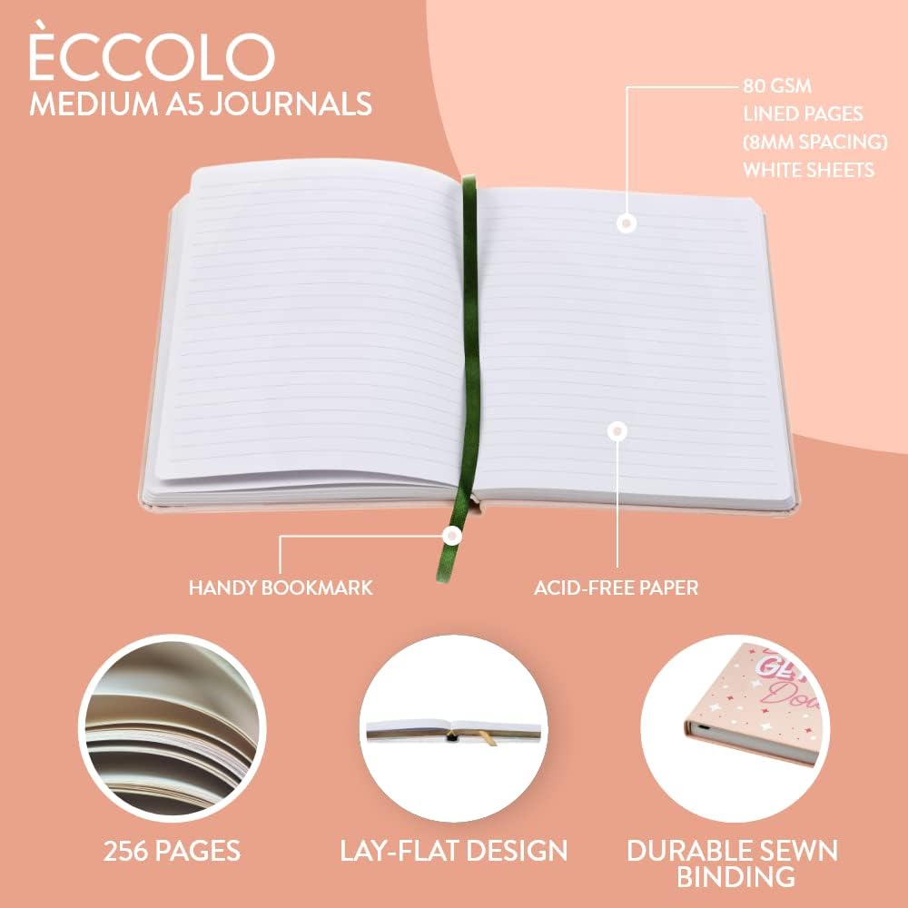 Eccolo Hey BRE – Cuaderno de rayas medianas, tapa flexible, diario de escritura A5, 256 páginas blancas a rayas, marcador de cinta, plano para el