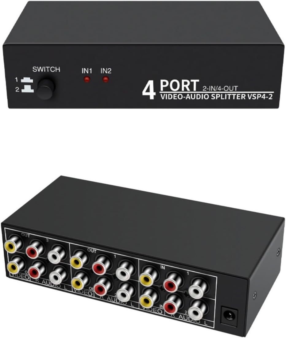 3RCA AV Audio Video Switcher Divisor 2 en 4 Salida 2 en 2 Salidas Reproductor de DVD Consola de juegos Caja de TV Monitor de TV Externo Proyector