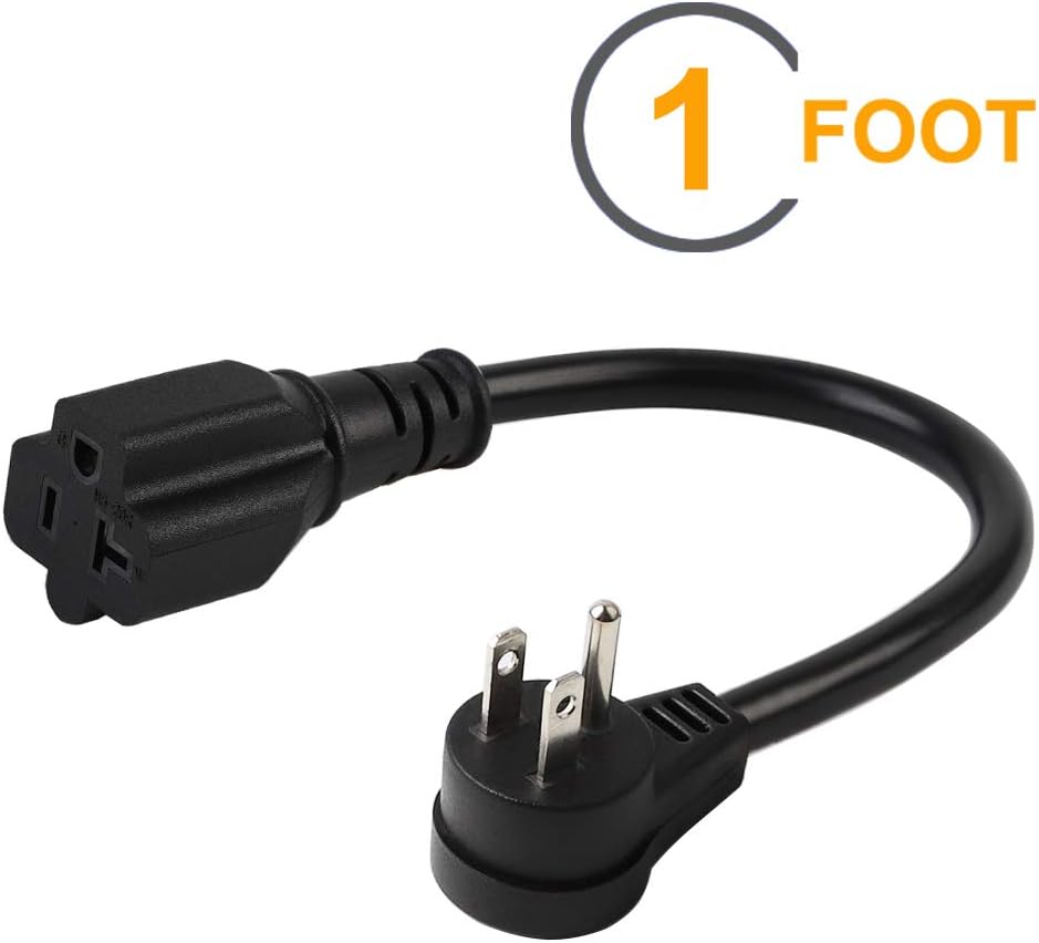 Cable adaptador de enchufe de ángulo recto (ángulo abajo) de 15 amperios a 20 amperios, con certificación UL, 14 AWG (1 pie), NEMA 5-15P a 5-1520R