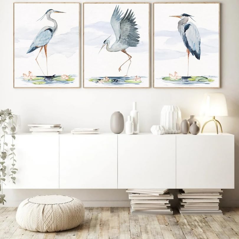 Gran garza azul para pared, impresión artística sobre lienzo, juego de 2 + 1, arte de pared de grulla, arte de pared de garza azul, pintura de grúa