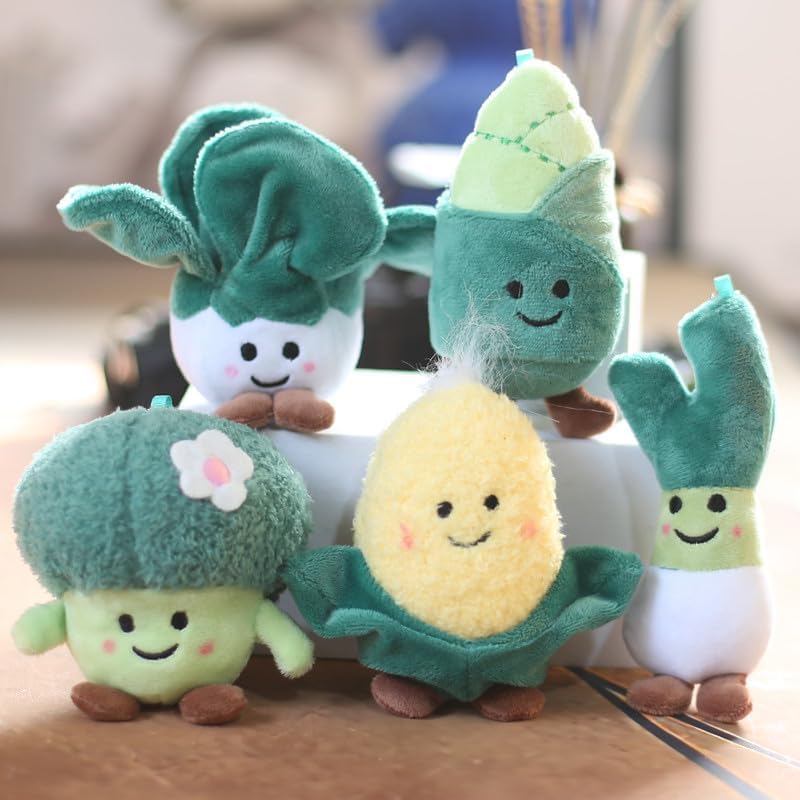 XICHEN 5 piezas de juguete de peluche vegetal decoración colgante llavero muñeca pequeña (colbrócolimaízcebolletabrotes de bambú)