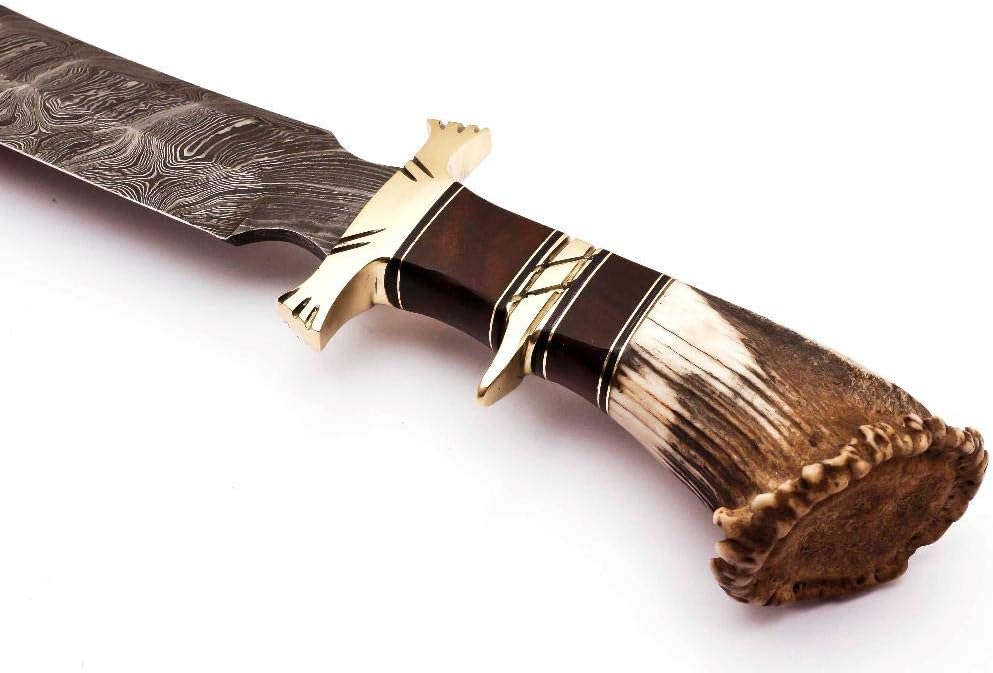 Cuchillo de caza de acero de Damasco con mango de asta de ciervo con madera de Burl y protector de latón, hoja de fijación de borde afilado hecho a