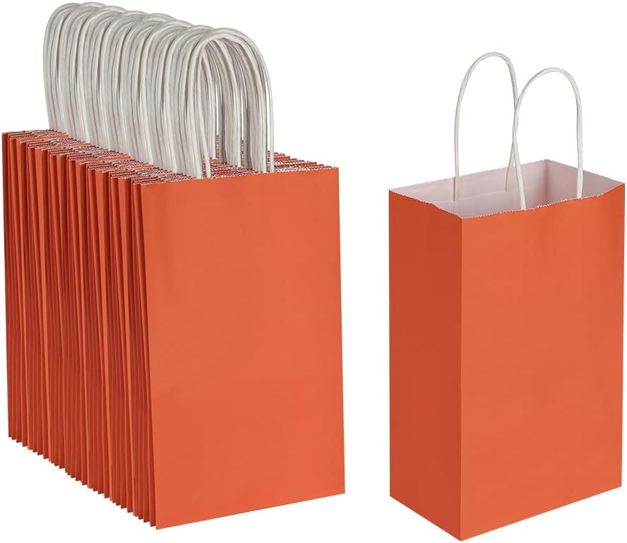 Cada paquete de 100 bolsas pequeñas de papel kraft naranja y morado con asas a granel