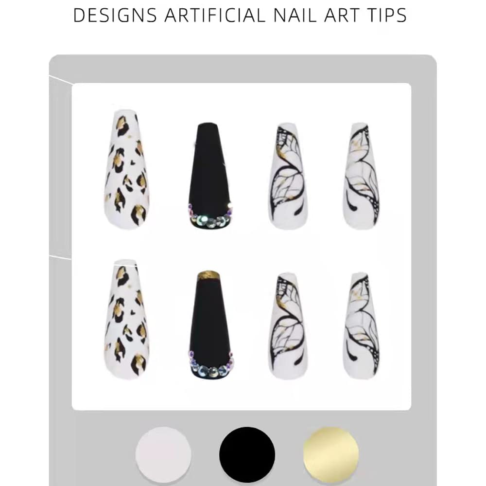 Magrace Uñas postizas largas a presión con diseño de ataúd con diseños de mariposas negras, lepoard, uñas acrílicas de ballet francés, 24 piezas de