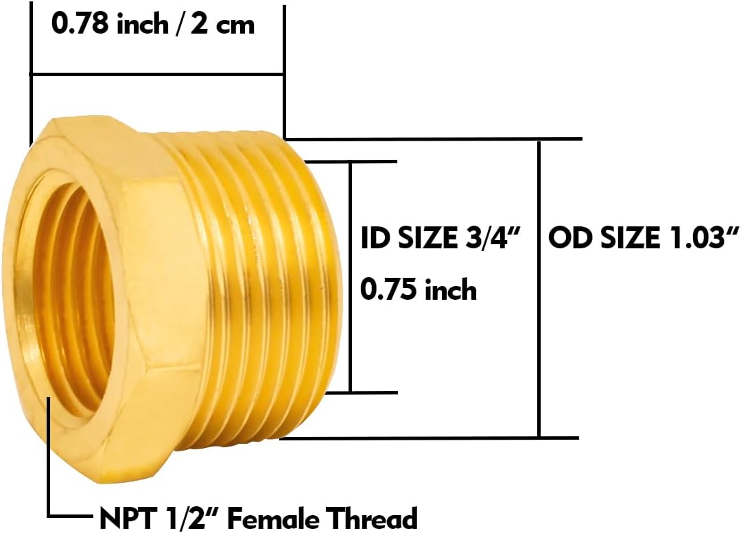 Buje hexagonal reductor de latón macizo NPT macho de 34 pulgadas a 12 pulgada hembra, (2 unidades), adaptador de tubo fundido reductor, adaptador de