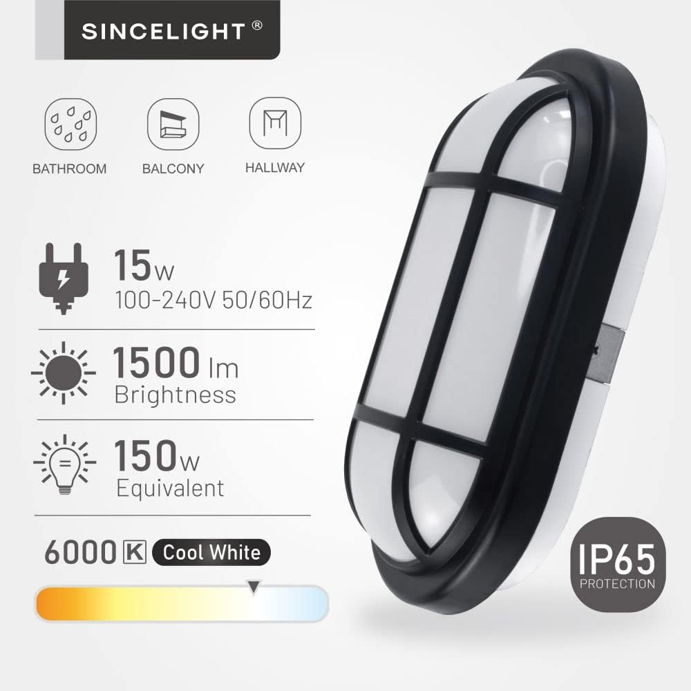 SINCELIGHT Lámpara LED ovalada para montaje en pared y techo, difusor de ópalo, impermeable IP65 para uso en interiores o exteriores, 15 W, blanco