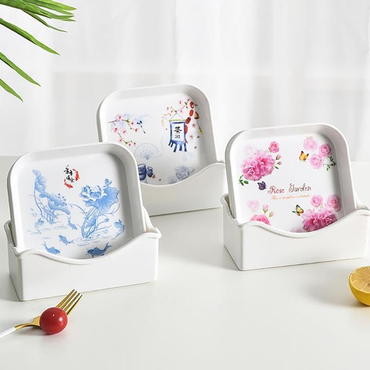 Juego de 4 platos cuadrados de melamina para servir alimentos, platos de ensalada de postre de 5.9 pulgadas, platos de aperitivos, diseño de peonía