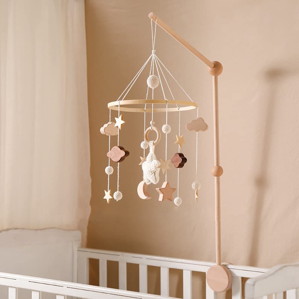 Móvil de bebé para cuna, luna y estrellas, nube, campanilla de viento de madera, campana de cama para cuna, móvil para cuna bohemia para niñas y