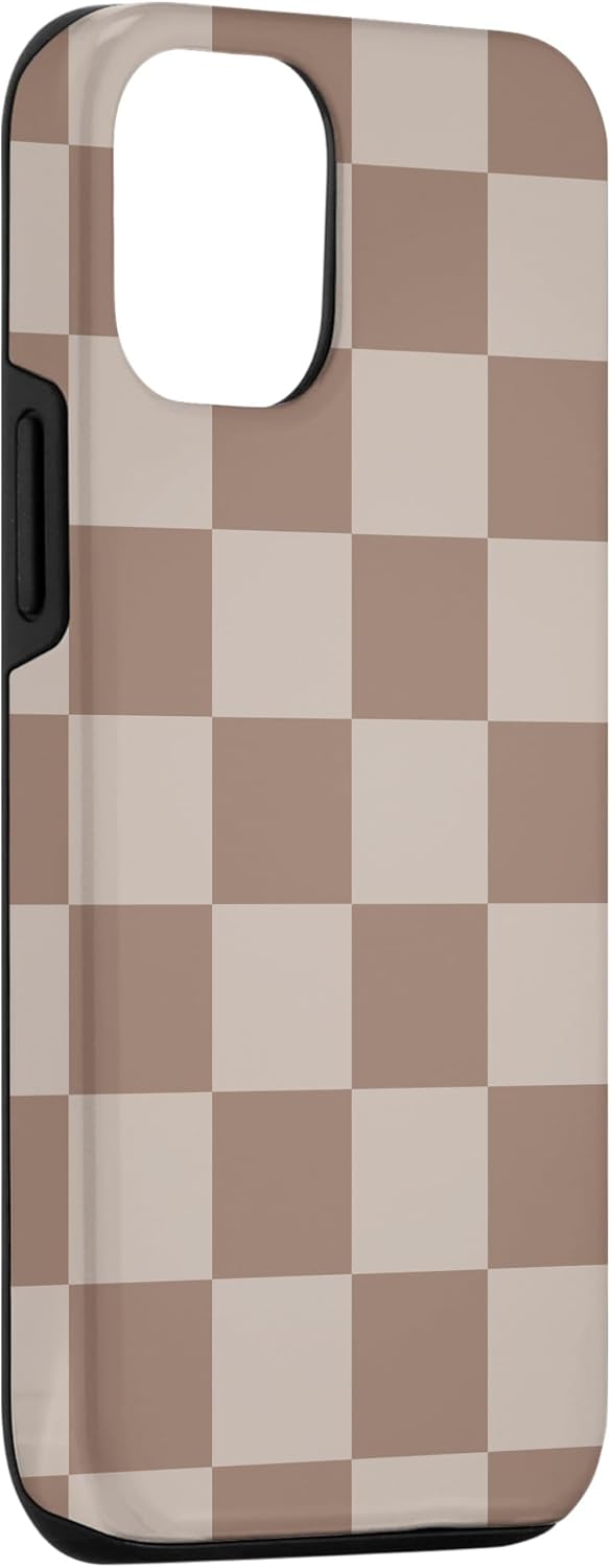 Funda para iPhone 14 marrón con diseño de cuadros grandes, color beige estético marrón
