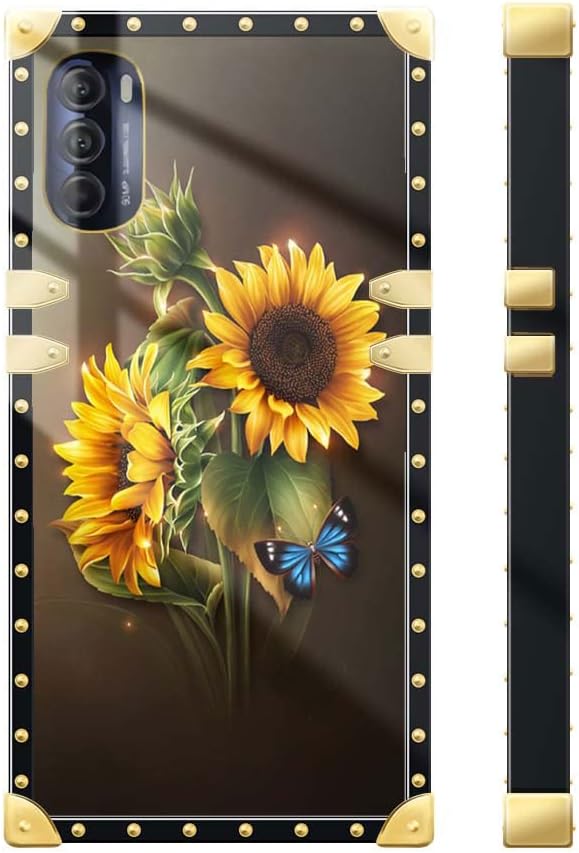 Funda para Motorola Moto G 5G 2022, diseño de girasoles de mariposa azul, 1 funda cuadrada para niñas y mujeres, funda decorativa de metal de lujo,