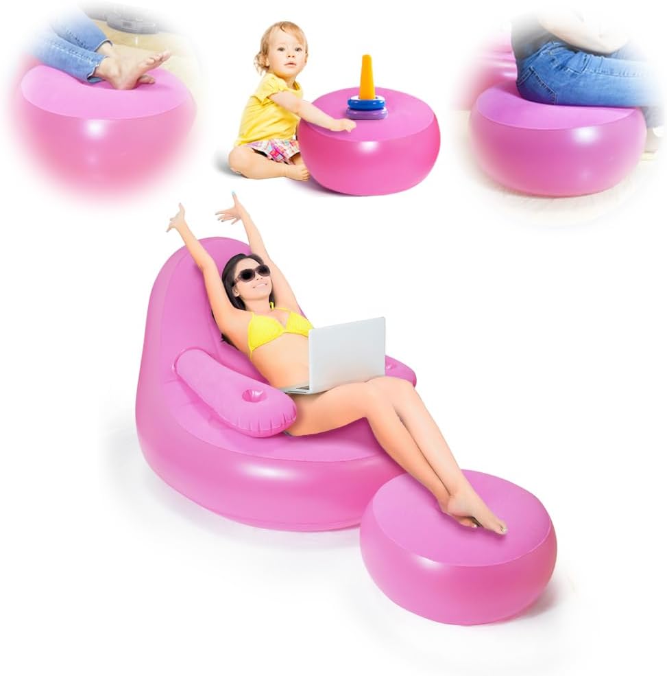 Nevife Sillón inflable con otomana y portavasos, sofá inflable portátil, tumbona de aire, sofá perezoso para camping, juegos, almuerzo, jardín,