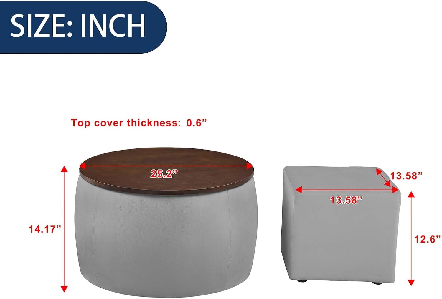 Heliosphere Juego de otomanas redondas de almacenamiento con combinación 2 en 1, moderna mesa auxiliar redonda de terciopelo con tapa reversible y