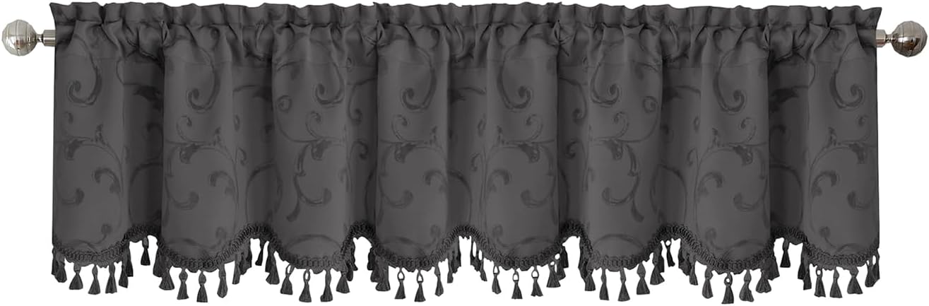 Elrene Home Fashions cenefa de ventana de Damasco con borlas, 52 pulgadas de ancho x 19 pulgadas de largo, azul (1 cenefa)