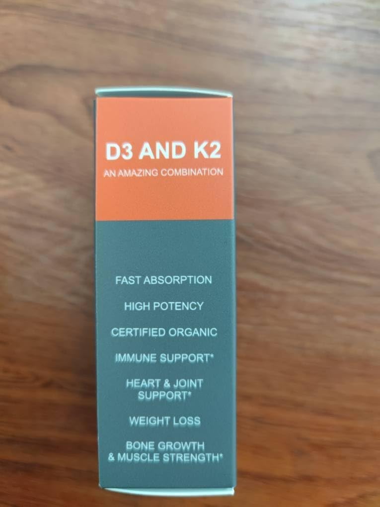 Gotas orgánicas de vitamina D3 + K2 sin OMG con Omega 3 incluye 5000 UI de vitamina D3 para una máxima fuerza, absorción más rápida y una inmunidad