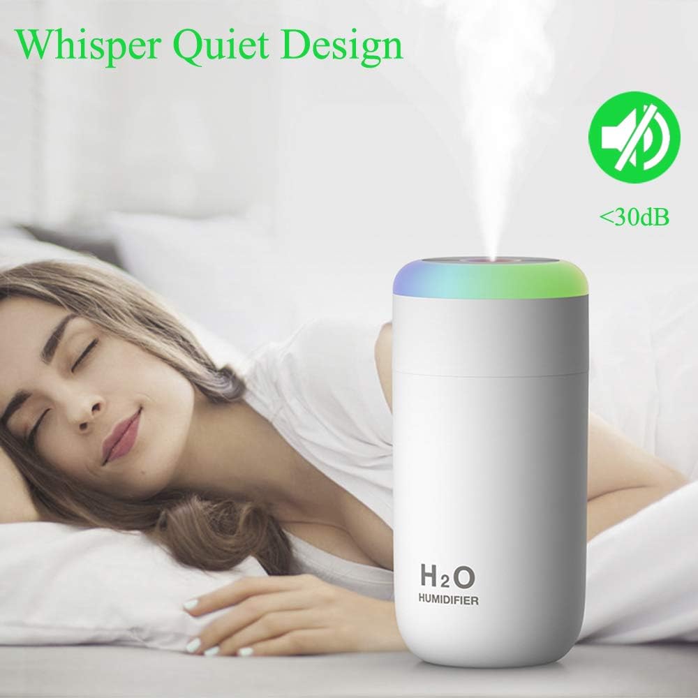 Mini humidificador, humidificador de bebé de 11.8 fl oz para dormitorio, humidificador de niebla fría para bebé, humidificador LED con luz nocturna,