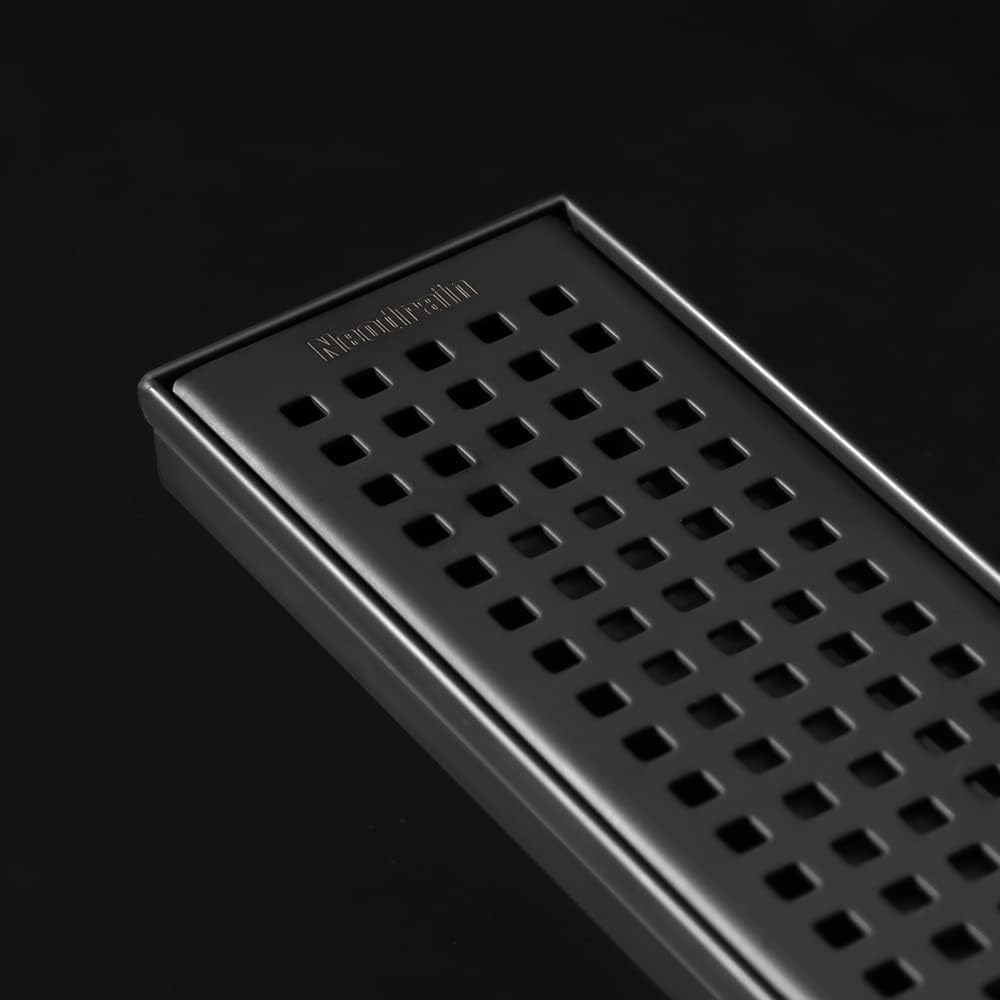 Neodrain Drenaje de ducha lineal negro de 18 pulgadas con rejilla extraíble de patrón cuadrado, fabricante profesional de drenaje de piso de ducha