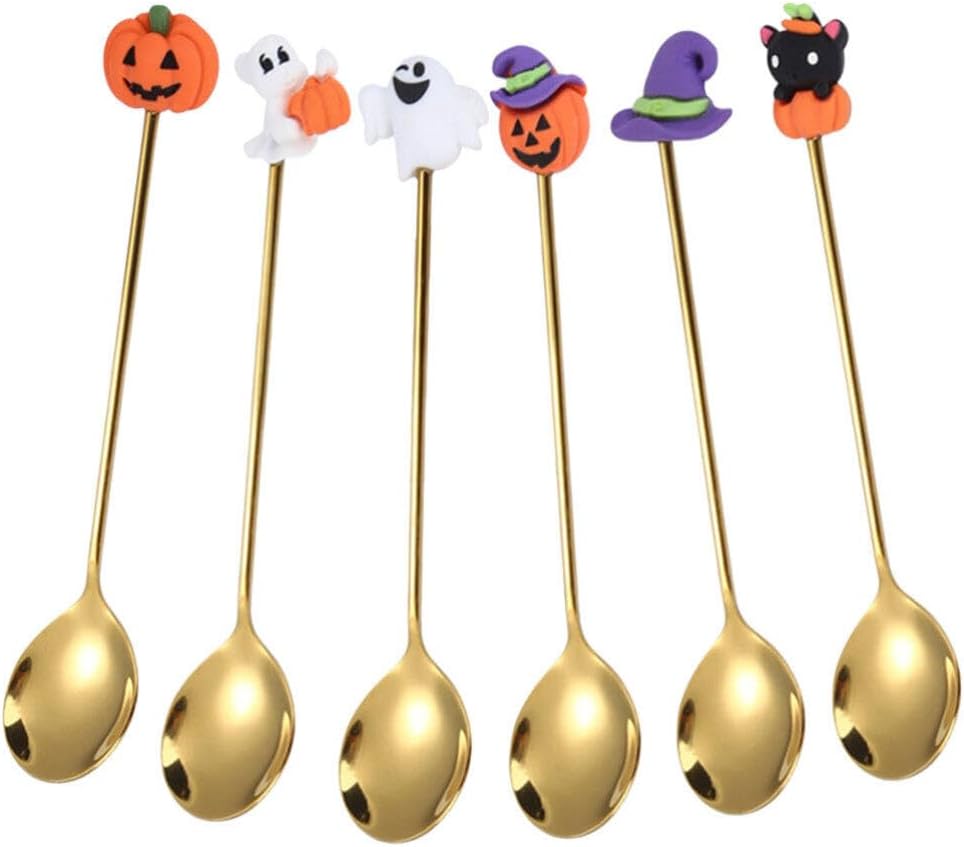 Cucharas de Halloween, 6 cucharas de Halloween, sombrero de bruja de calabaza, cucharas de fantasma, cuchara de postre, cuchara de café, cuchara de