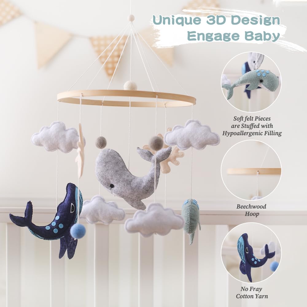 Cama de bebé móvil Baby Wind Chime Craturas marinas, nubes 3D peces móvil campanilla de viento móvil, cama de bebé colgante juego móvil para