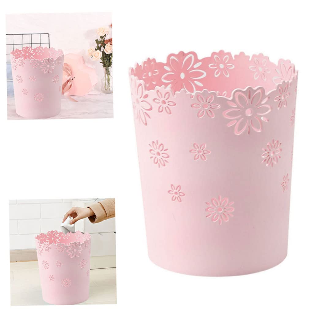 Papelera redonda de color rosa, papelera de basura para dormitorio, cesta de basura de plástico, hueco de plástico, cesta de basura con encaje de