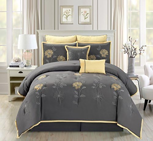 Grand Linen Juego de edredón bordado de girasol gris y amarillo de 7 piezas, ropa de cama tamaño matrimonial