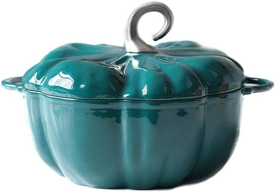 Olla de hierro fundido con forma de calabaza azul con revestimiento esmaltado antiadherente, cacerola versátil con tapa, olla de 9.4 in