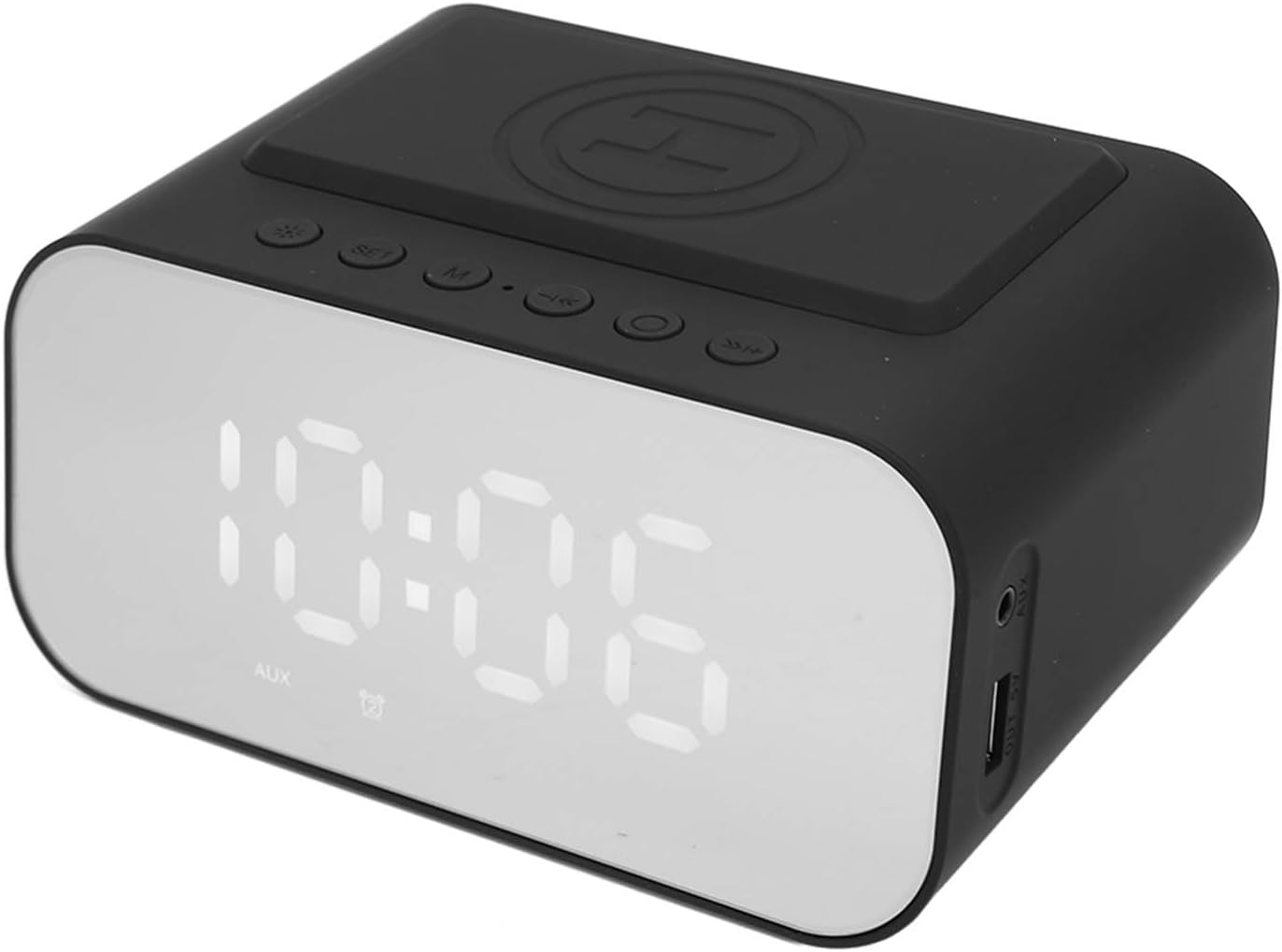 Altavoz Bluetooth con reloj despertador, cargador inalámbrico de 15 W de carga rápida, radio FM, temporizador de sueño, 3 niveles de brillo