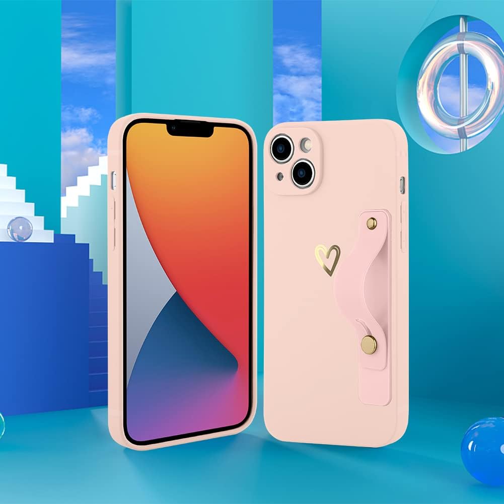 Funda compatible con iPhone 14 Plus de 6.7 pulgadas para mujeres y niñas, bonito patrón de corazón dorado con soporte de mano para muñeca, delgada,