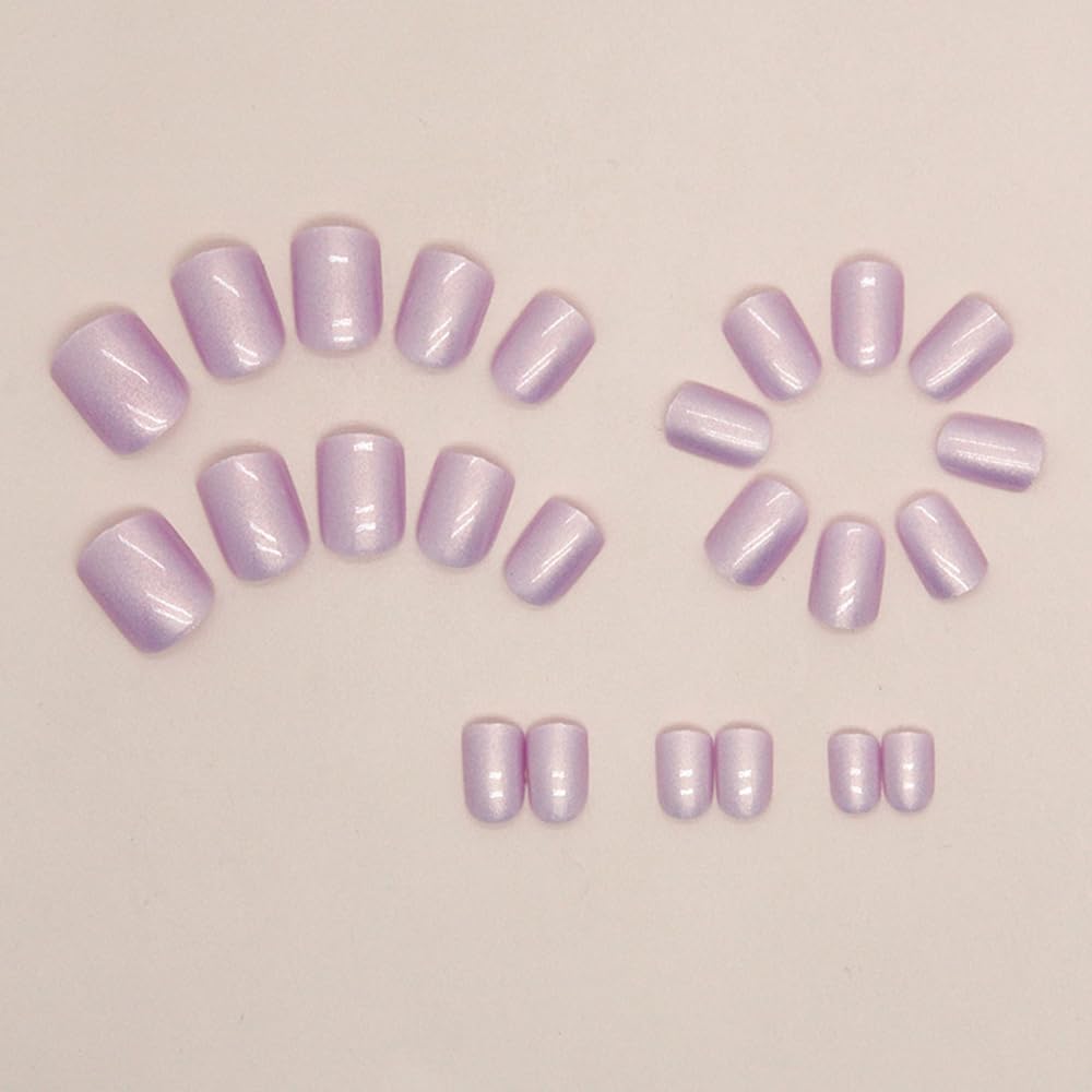 SHANRUN – Juego de 24 uñas postizas a presión color morado grisáceo, cuadradas, brillantes, brillantes, diseño aurora, cobertura completa, kit de