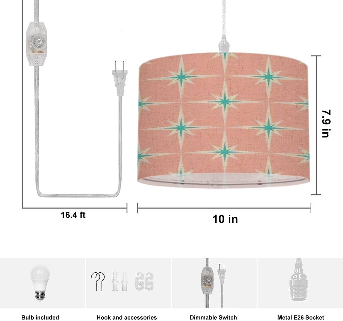 WYLZ0123xzan Lámpara colgante enchufable de los años 50, lámpara colgante moderna de mediados de siglo con cable de enchufe, interruptor regulable