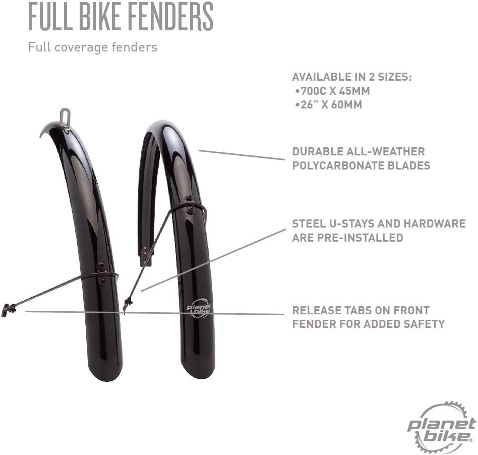 Planet Bike Guardabarros completos para bicicleta, 27.559 x 1.772 in, color negro, se adapta a neumáticos de hasta 1.378 in de ancho