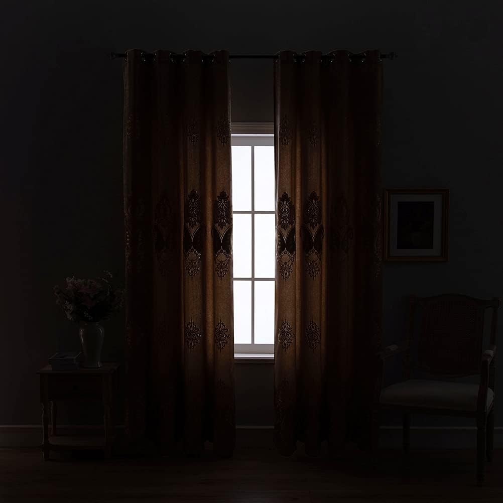 ELKCA Juego de cortinas europeas de felpilla con patrón bordado para sala de estar, con ojales en la parte superior (52 pulgadas de ancho x 84
